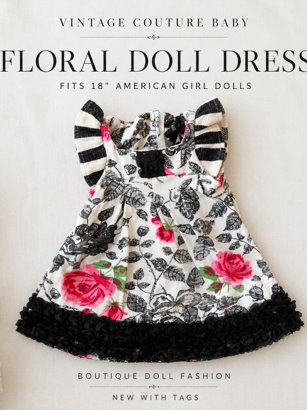 Vintage Couture Baby Rose Floral Doll Dress | Fits 18” American Girl Doll